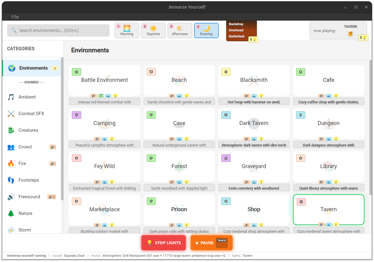 Immerse Yourself app showing the environment grid with tavern, dungeon, forest, and more